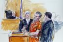 FILE- This Nov. 7, 2014, artist rendering shows, Irek Hamidullin, front center, his attorney Robert Wagner, front left, and interpreter Ihab Samra, front right, as Judge Henry Hudson, left, listens in Federal Court in Richmond, Va. Two years after being sent to the United States to face charges in an attempted attack on American forces in Afghanistan, Irek Hamidullin is arguing he should never have been prosecuted at all. (AP Photo/Dana Verkouteren, File)