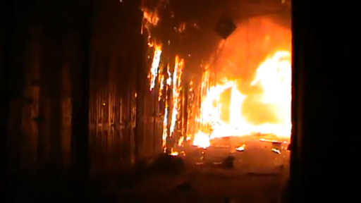 In this image taken from video obtained from Shaam News Network (SNN), which has been authenticated based on its contents and other AP reporting, a fire rages at a medieval souk in Aleppo, Syria. Syrian rebels and residents of Aleppo struggled Saturday to contain a huge fire that destroyed parts of the city's medieval souks, or markets, following raging battles between government troops and opposition fighters there, activists said. Some described the overnight blaze as the worst blow yet to a historic district that helped make the heart of Aleppo, Syria's largest city and commercial hub, a UNESCO world heritage site. (AP Photo/Shaam News Network SNN via AP video)