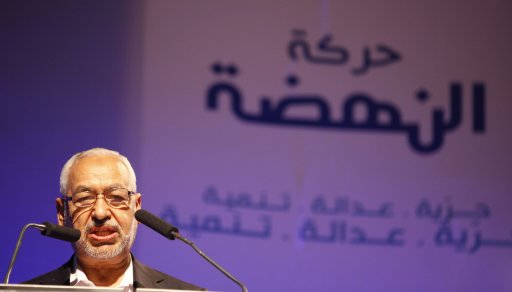 Ghannouchi, leader of the Islamist Ennahda movement, Tunisia's main Islamist political party, presents his program, in Tunis