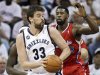 Memphis Grizzlies center Marc Gasol (33), of Spain, tries to get past Los Angeles Clippers center DeAndre Jordan (6) in the first half of Game 5 of a first-round NBA basketball playoff series, Wednesday, May 9, 2012, in Memphis, Tenn. (AP Photo/Mark Humphrey)