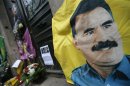 A flag with the portrait of jailed PKK leader Ocalan is seen in front of the entrance of the Information Centre of Kurdistan in Paris