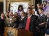 Sacramento Mayor Kevin Johnson speaks during a news conference to introduce the first part of his four-step plan to keep the Sacramento Kings NBA basketball team in Sacramento, Calif., on Tuesday, Jan. 22, 2013. Johnson, who said he has 19 local investors who have pledged at least $1 million each to buy the franchise, made his announcement a day after the Maloof family announced it has signed an agreement to sell the Kings to a Seattle group led by investor Chris Hansen. (AP Photo/Rich Pedroncelli)