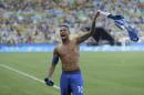 Brazil's Neymar celebrates at the end of a semifinal match of the men's Olympic football tournament between Brazil and Honduras at the Maracana stadium in Rio de Janeiro Wednesday Aug. 17, 2016. Brazil won the match 6-0 and qualified for the final.(AP Photo/Felipe Dana)