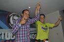 Mexican soccer star Cuauhtemoc Blanco, left, gives the thumbs up sign during a news conference with Eduardo Bordonave, Morelos state president of the Social Democratic Party (PSD), in Cuernavaca, Mexico during election day Sunday, June 7, 2015. Blanco has apparently been elected mayor of Cuernavaca, just south of Mexico City. Known for his pugilistic playing style, Blanco was equally combative at a victory news conference. "Now I've screwed them," he said of his rivals. (AP Photo/Tony Rivera)