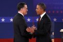 U.S. Republican presidential nominee Romney and U.S. President Obama shakes hands at the start of the second U.S. presidential campaign debate in Hempstead