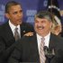 File- This Aug. 4, 2010 file photo shows President Barack Obama standing with AFL-CIO Presidet Richard Trumka after he spoke about jobs and the economy at the AFL-CIO Executive Council in Washington. “There are things the president can do, and we'll be expecting that leadership from President Obama,"  Trumka told reporters after the election. Topping the list, for now, is a push to raise taxes on wealthy Americans and discouraging Obama from agreeing to any deal with Republicans over the looming "fiscal cliff" that cuts into Social Security and Medicare benefits. (AP Photo/Charles Dharapak, File)