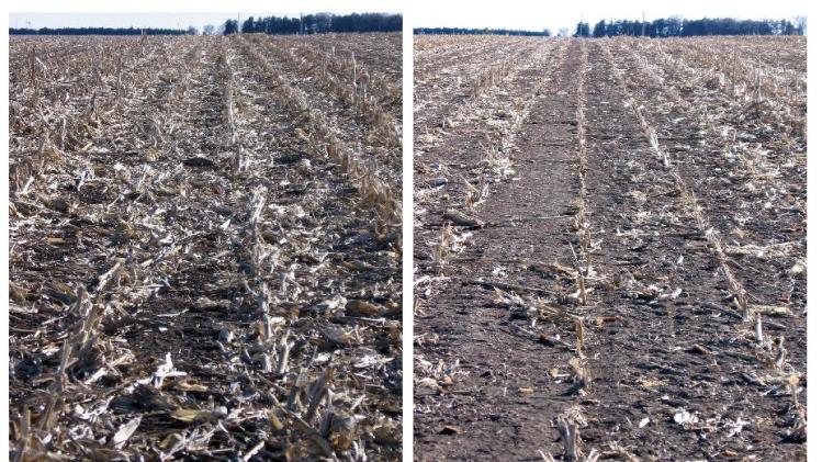This undated combo photo, provided by the University of Nebraska-Lincoln, shows corn residue after grain harvest, left, adjacent to a field section where corn residue was baled and removed after grain harvest in Jefferson County, Neb. Biofuels made from corn leftovers after harvest are worse than gasoline for global warming in the short term, challenging the Obama administration's conclusions that they are a cleaner oil alternative from the start and will help climate change. (AP Photo/The University of Nebraska-Lincoln)