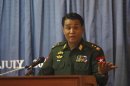 Minister for Border Affairs Lieutenant General Thein Htay addresses a news conference on the Rohingya-related unrest in Rakhine State, at the Ministry of Foreign Affairs in Yangon