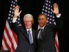 Former U.S. President Clinton and U.S. President Obama wave at fundraiser in New York