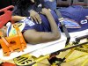 Charlotte Bobcats' Michael Kidd-Gilchrist is wheeled off the floor after a hard fall in the second half of an NBA basketball game against the Houston Rockets, Saturday, Feb. 2, 2013, in Houston. (AP Photo/Pat Sullivan)