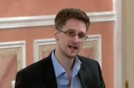 An image grab taken from a video released by Wikileaks on October 12, 2013 shows US intelligence leaker Edward Snowden speaking during a dinner with US ex-intelligence workers and activists in Moscow