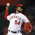 Los Angeles Angels' Santana pitches against the Oakland Athletics during the second inning of their MLB American League baseball game in Anaheim