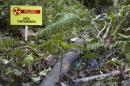 A pollution warning sign is seen near a contaminated oil pool, said to be caused by Chevron-Texaco, in Aguarico