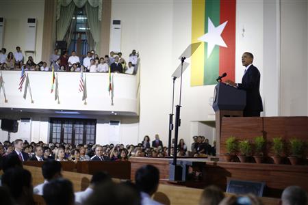 U.S. President Barack Obama delivers remarks at the University of Yangon, November 19, 2012. President Obama became the first serving U.S. president to visit Myanmar on Monday, trying during a whirlwind six-hour trip to strike a balance between praising the government's progress in shaking off military rule and pressing for more reform. REUTERS/Jason Reed