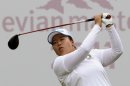Sun-Ju Ahn of South Korea plays on the first hole during the first round of the Evian Masters women's golf tournament in Evian, eastern France, Thursday, July 21, 2011. (AP Photo/Claude Paris)
