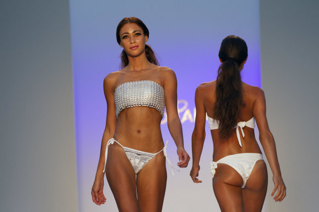 In this Friday, July 20, 2012 photo a model wears swimwear from the Poko Pano collection at the Mercedes Benz Fashion Week Swim 2013 show on Miami Beach, Fla.The latest swimwear fashion takes a nod to