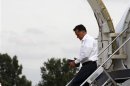U.S. Republican presidential nominee and former Massachusetts Governor Mitt Romney steps off his campaign plane in Kansas City