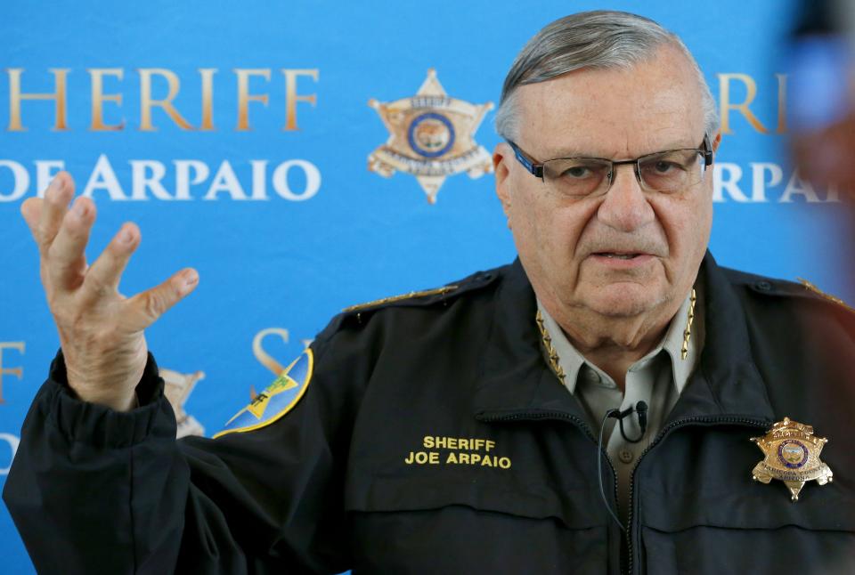 FILE - In this Dec. 18, 2013 file photo, Maricopa County Sheriff Joe Arpaio announces dozens of arrests in a prostitution sting during a news...