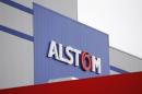 The logo of Alstom is pictured during an inaugural visit of the Alstom offshore wind turbine plants in Montoir-de-Bretagne