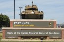 This Aug. 18, 2010 image provided by the U.S. Army shows the Chaffee Gate entrance to Fort Knox. An Army civilian employee was shot and killed in a parking lot at Kentucky's Fort Knox on Wednesday, and investigators were seeking to question a man in connection with the shooting, authorities said. Army officials said in a news release late Wednesday April 3, 2013 that the victim was an employee of the U.S. Army Human Resources Command, which handles personnel actions for soldiers. The shooting occurred in a lot outside the command. The victim was transported to the Ireland Army Community Hospital where he was pronounced dead. (AP Photo/US Army)
