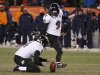 Baltimore Ravens kicker Tucker kicks the game winning field goal against the Denver Broncos with holder Koch in their NFL AFC Divisional playoff football game in Denver