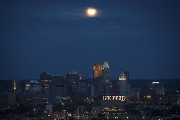 Handout of a rare second full Moon of the month, known as a "Blue Moon", is seen over Cincinnati, Ohio