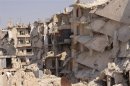 A general view shows damaged buildings in Aleppo's Karm al-Jabal district