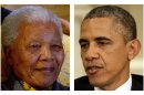 FILE - This two-picture combination of file photos shows Nelson Mandela on Aug. 8, 2012, left, and President Barack Obama on May 31, 2013. It was as a college student that President Barack Obama began to find his political voice. Inspired by Nelson Mandela's struggle against South Africa's apartheid government, the young Obama joined campus protests against the white racist rule that kept Mandela locked away in prison for nearly three decades. Now a historic, barrier-breaking figure himself, Obama will arrive in South Africa Friday to find a country drastically transformed by Mandela's influence, and a nation grappling with the beloved 94-year-old's mortality. (AP Photo/File)