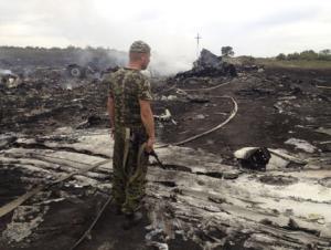 Armed pro-Russian separatist stands at a site of a Malaysia Airlines Boeing 777 plane crash in the settlement of Grabovo in the Donetsk region