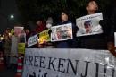Demonstrators stage a rally to demand the release of Japanese hostage Kenji Goto who has been kidnapped by the Islamic State group in front of the Prime Minister's official residence in Tokyo on January 30, 2015