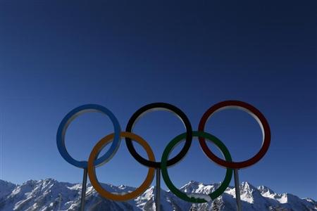 The Olympic rings are seen during a training session for the 2014 Sochi Winter Olympic Games at the "Laura" cross-country and biathlon centre in Rosa Khutor February 3, 2014. REUTERS/Stefan Wermuth