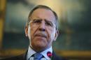 Russia's Foreign Minister Sergei Lavrov speaks during a news conference at the Russian ambassador's residence in London