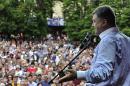 Ukrainian businessman, politician and presidential candidate Poroshenko addresses supporters in Uman