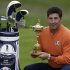 European team captain Jose Maria Olazabal poses with the trophy at the Ryder Cup PGA golf tournament Tuesday, Sept. 25, 2012, at the Medinah Country Club in Medinah, Ill. (AP Photo/David J. Phillip)