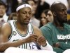 Boston Celtics' Paul Pierce, left, and Kevin Garnett sit on the bench during the fourth quarter of their 90-76 loss to the New York Knicks in Game 3 of a first round NBA basketball playoff series in Boston Friday, April 26, 2013. (AP Photo/Winslow Townson)