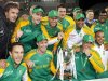South Africa players celebrate winning their final one-day cricket international and the series against New Zealand, in Auckland