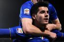 Juventus' Alvaro Morata celebrates with his teammates after scoring during a Serie A soccer match between Palermo and Juventus in Palermo, Italy, Saturday, March 14, 2015. (AP Photo/Alessandro Fucarini)