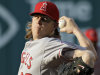 Los Angeles Angels starting pitcher Jered Weaver delivers against the Cleveland Indians in the first inning of a baseball game Monday, July 2, 2012, in Cleveland. (AP Photo/Mark Duncan)