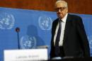 Arab League-United Nations envoy Brahimi arrives for a news conference on the situation in Syria at the United Nations in Geneva