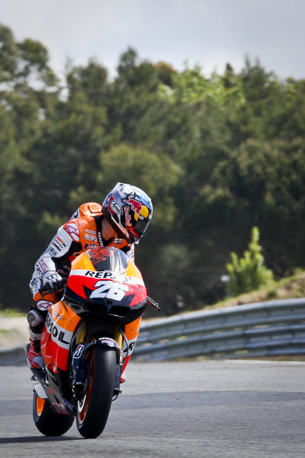 Spanish rider Dani Pedrosa rides his Honda during the Portugal MotoGP free practice 3, in Estoril, on May 5, 2012. AFP PHOTO / PATRICIA DE MELO MOREIRAPATRICIA DE MELO MOREIRA/AFP/GettyImages