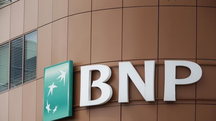 The logo of BNP Paribas is seen on top of the bank's building in Fontenay-sous-Bois, east of Paris