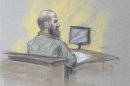 Courtroom sketch shows U.S. Army Major Nidal Hasan during reading of his sentence in Fort Hood Texas