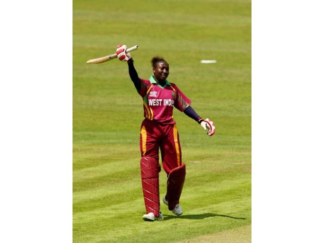 Stafanie Taylor of the West Indies celebrates getting her half century during the ICC Women's World Twenty20 match between West Indies and South Africa at The County Ground. (Getty Images)