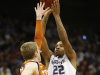 Kansas State guard Rodney McGruder (22) shoots over Texas forward Connor Lammert during the second half of an NCAA college basketball game in the Big 12 tournament on Thursday, March 14, 2013, in Kansas City, Mo. McGruder scored 24 points in the game. Kansas State defeated Texas 66-49. (AP Photo/Orlin Wagner)