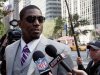 New Orleans Saints linebacker Jonathan Vilma arrives at the National Football League's headquarters, Monday, June 18, 2012 in New York. Vilma and three other players are appealing their suspensions for their role in the Saints bounty program. (AP Photo/Mark Lennihan)