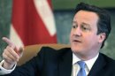 Britain's PM Cameron gestures as he speaks during a news conference in Riga
