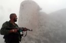 A member of the Free Syrian Army stands near the "Al-Hosn" Crusaders Citadel on the outskirts of Homs