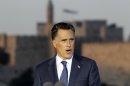 Republican presidential candidate and former Massachusetts Gov. Mitt Romney delivers a speech in Jerusalem, Sunday, July 29, 2012. (AP Photo/Charles Dharapak)