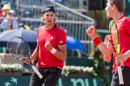 Belgium's Ruben Bemelmans and Kimmer Coppejans celebrate after winning a set against Canada's Daniel Nestor and Adil Shamasdin during the Davis Cup World Group Quarterfinals match between Belgium and Canada, in Middelkerke, Belgium, on Saturday July 18 2015. Belgium beat Canada 3-0 and qualifies for the semifinals. (AP Photo/Geert Vanden Wijngaert)