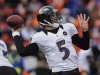 Baltimore Ravens quarterback Joe Flacco passes against the Denver Broncos in the second quarter of an AFC divisional playoff NFL football game, Saturday, Jan. 12, 2013, in Denver. (AP Photo/Charlie Riedel)